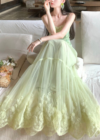 Beautiful Light Green Embroidered Floral Lace Vest And Maxi Skirts Two Pieces Set Sleeveless