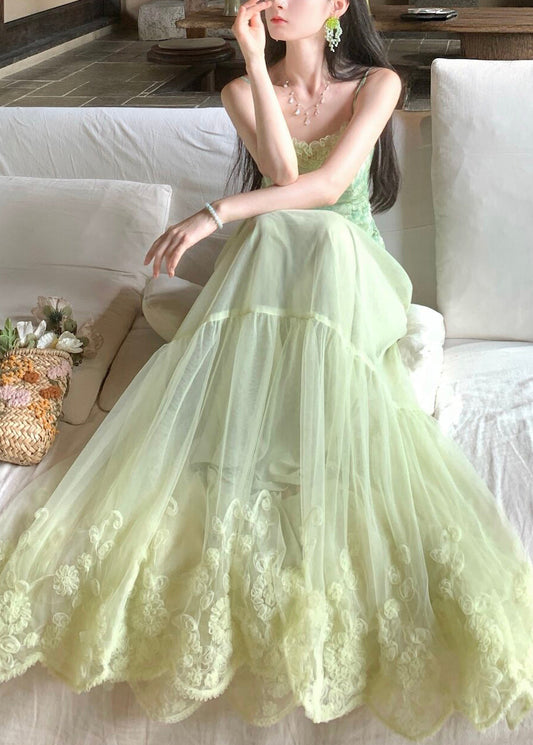 Beautiful Light Green Embroidered Floral Lace Vest And Maxi Skirts Two Pieces Set Sleeveless