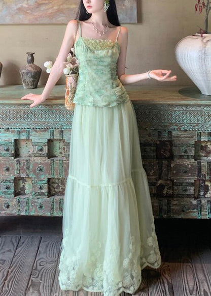 Beautiful Light Green Embroidered Floral Lace Vest And Maxi Skirts Two Pieces Set Sleeveless