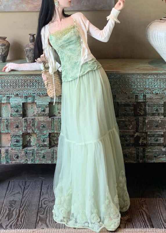 Beautiful Light Green Embroidered Floral Lace Vest And Maxi Skirts Two Pieces Set Sleeveless