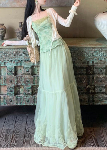 Beautiful Light Green Embroidered Floral Lace Vest And Maxi Skirts Two Pieces Set Sleeveless