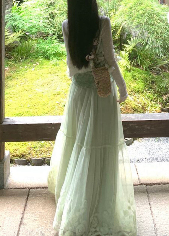 Beautiful Light Green Embroidered Floral Lace Vest And Maxi Skirts Two Pieces Set Sleeveless