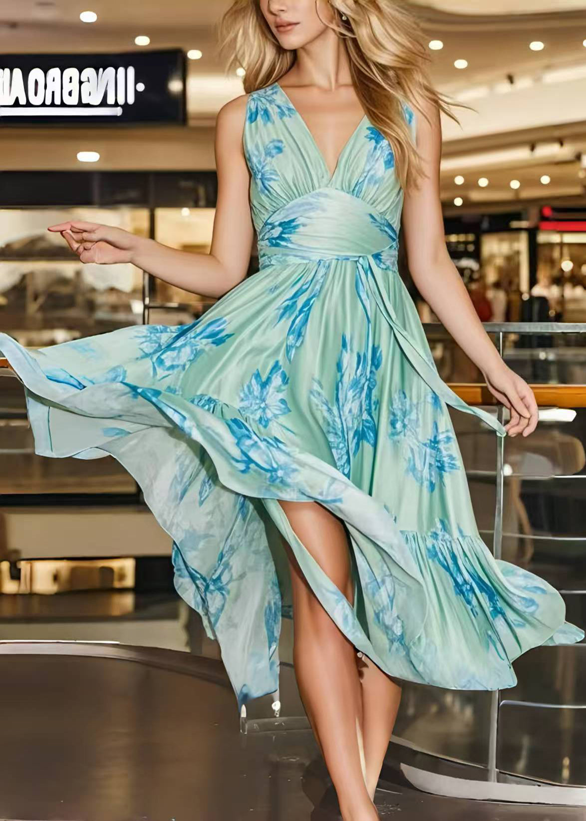 Beautiful Light Green Print Draping Chiffon Cami Dress Summer