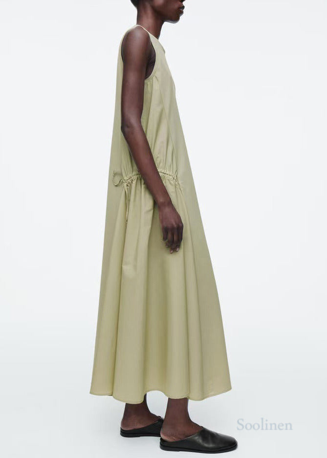 Beautiful Light Green Wrinkled Drawstring Cotton Vacation Dresses Sleeveless