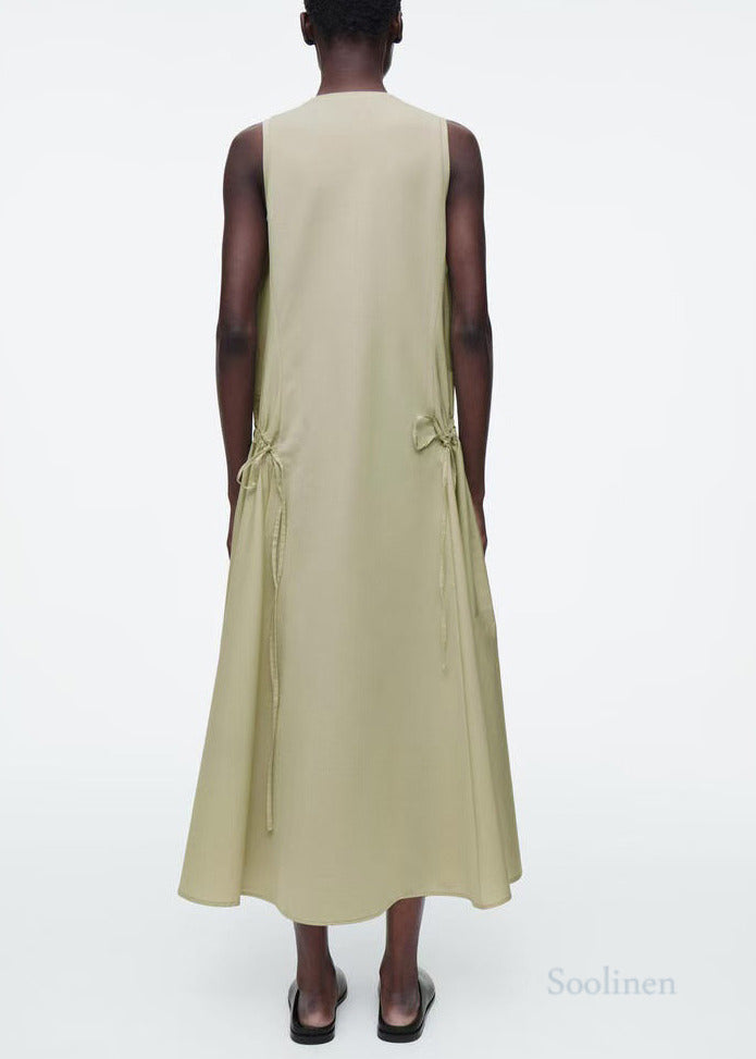 Beautiful Light Green Wrinkled Drawstring Cotton Vacation Dresses Sleeveless