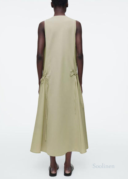 Beautiful Light Green Wrinkled Drawstring Cotton Vacation Dresses Sleeveless