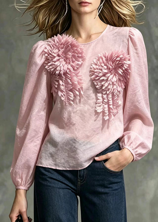 Beautiful Light Pink O-Neck Stereoscopic Floral Chiffon With Cami Two Pieces Set Fall
