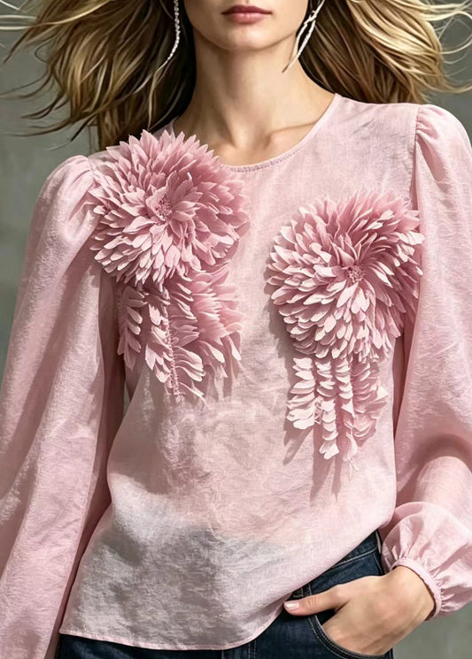 Beautiful Light Pink O-Neck Stereoscopic Floral Chiffon With Cami Two Pieces Set Fall
