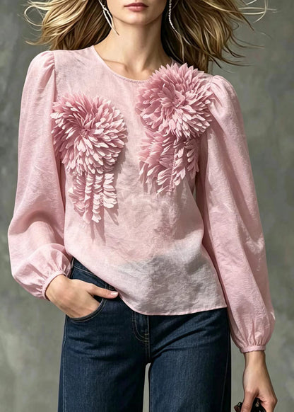 Beautiful Light Pink O-Neck Stereoscopic Floral Chiffon With Cami Two Pieces Set Fall