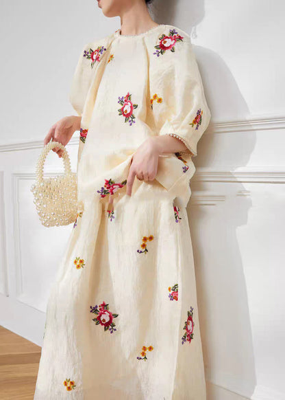 Beautiful Light Yellow Print Top And Maxi Skirts Two Pieces Set Short Sleeve