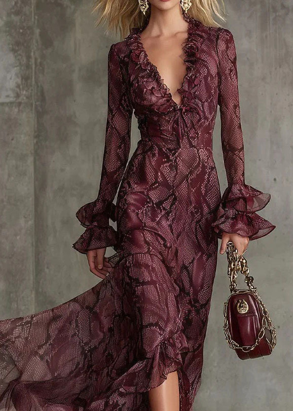 Beautiful Mulberry Ruffled Print Chiffon Ankle Dress Flare Sleeve