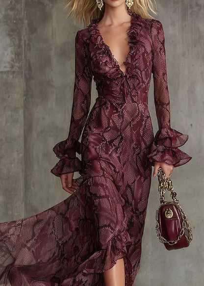 Beautiful Mulberry Ruffled Print Chiffon Ankle Dress Flare Sleeve