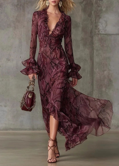 Beautiful Mulberry Ruffled Print Chiffon Ankle Dress Flare Sleeve