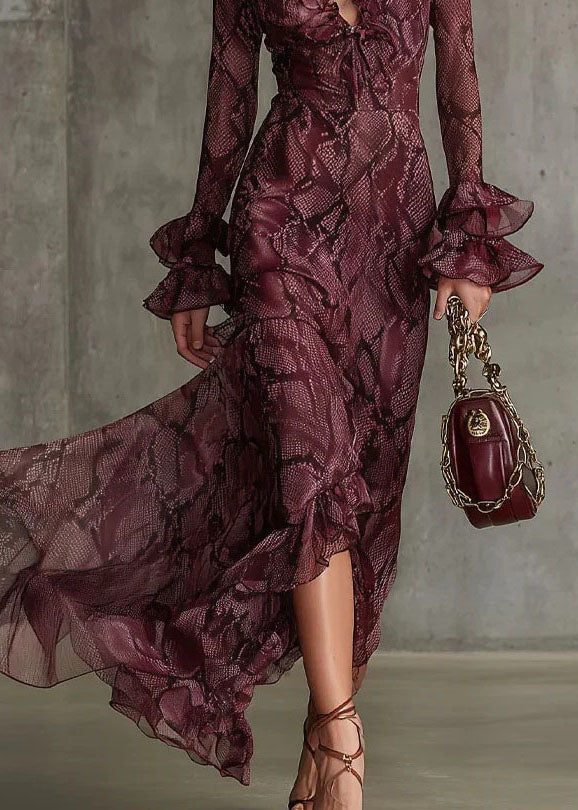 Beautiful Mulberry Ruffled Print Chiffon Ankle Dress Flare Sleeve