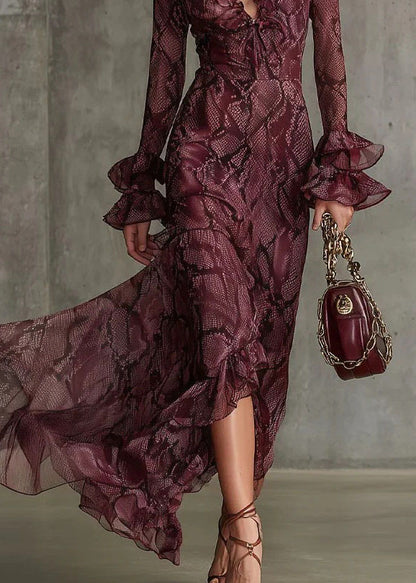 Beautiful Mulberry Ruffled Print Chiffon Ankle Dress Flare Sleeve