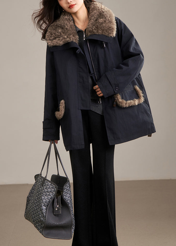 Beautiful Navy Peter Pan Collar Fur Collar Duck Down Puffer Coat Winter