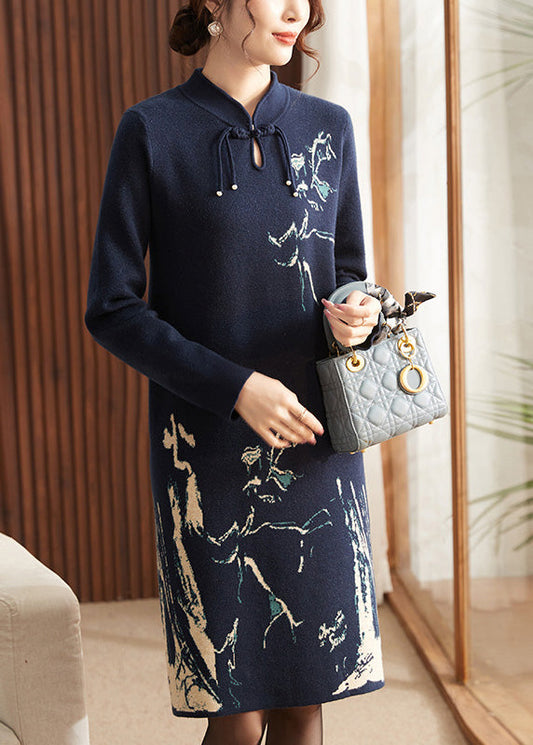 Beautiful Navy Print Patchwork Cotton Knit Long Sweater Dress Long Sleeve