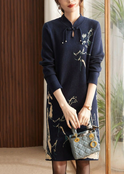 Beautiful Navy Print Patchwork Cotton Knit Long Sweater Dress Long Sleeve