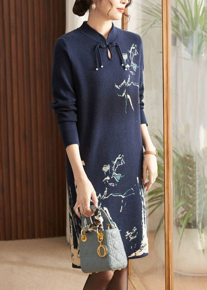 Beautiful Navy Print Patchwork Cotton Knit Long Sweater Dress Long Sleeve