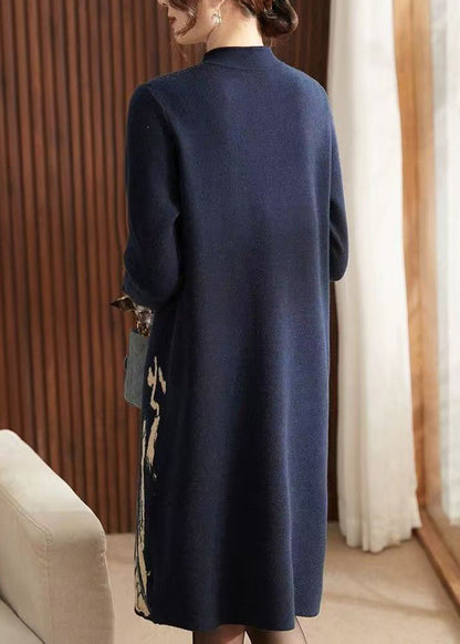 Beautiful Navy Print Patchwork Cotton Knit Long Sweater Dress Long Sleeve