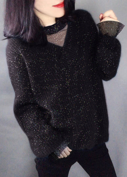Beautiful Navy Sequins Hollow Out Knit Sweaters Winter