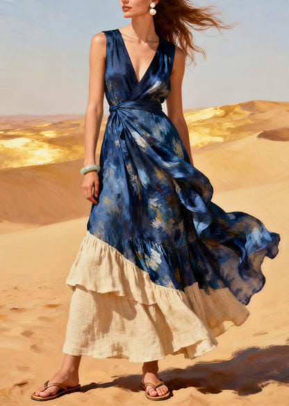 Beautiful Navy Tie Dye Patchwork Chiffon Ankle Dress Summer