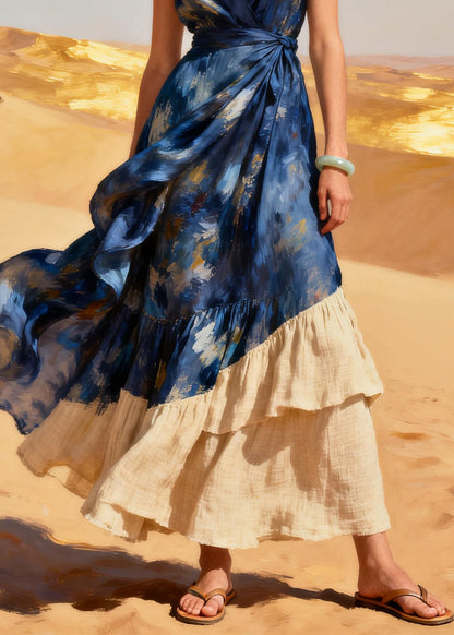 Beautiful Navy Tie Dye Patchwork Chiffon Ankle Dress Summer