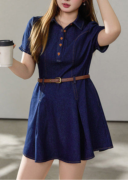Beautiful Navy Tunic Wrinkled Denim Mini Dresses Summer