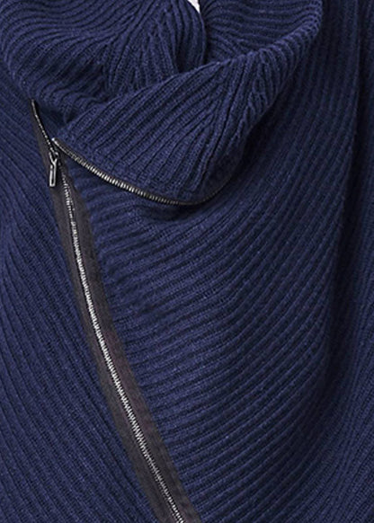 Beautiful Navy Turtle Neck Asymmetrical Zippered Knit Sweater Tops Winter