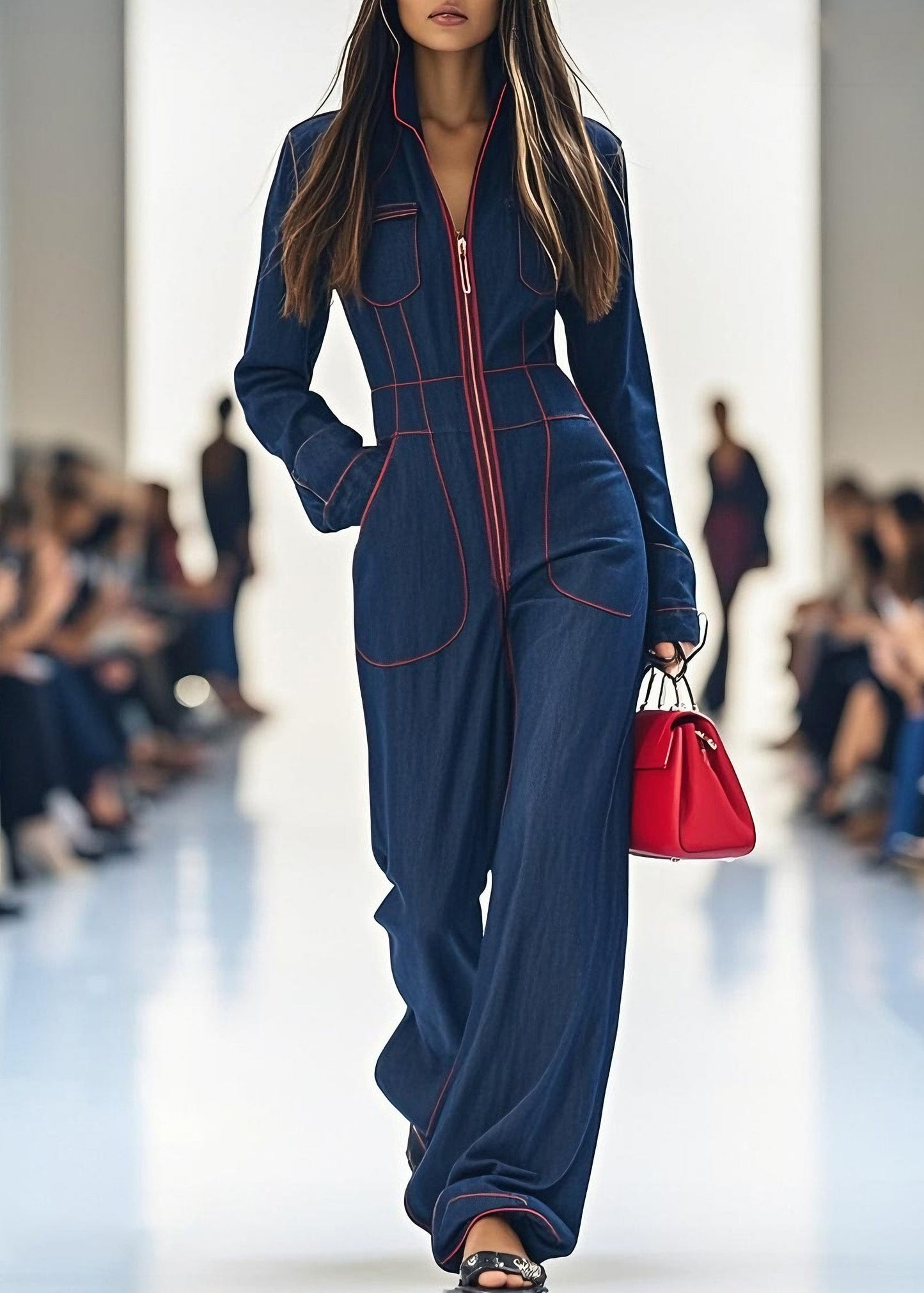 Beautiful Navy Zip Up Pockets Patchwork Denim Jumpsuit Spring