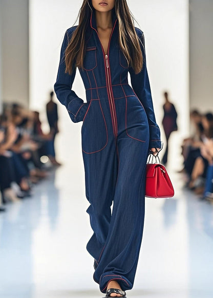 Beautiful Navy Zip Up Pockets Patchwork Denim Jumpsuit Spring