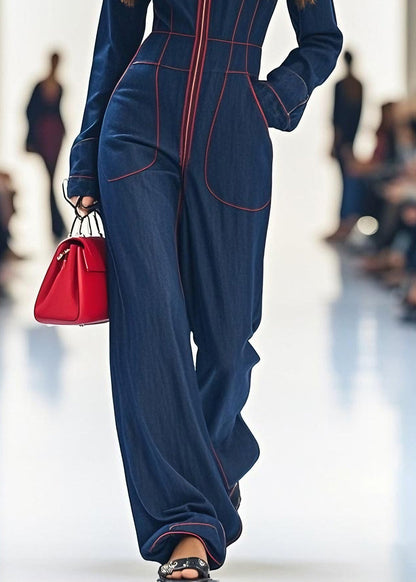 Beautiful Navy Zip Up Pockets Patchwork Denim Jumpsuit Spring