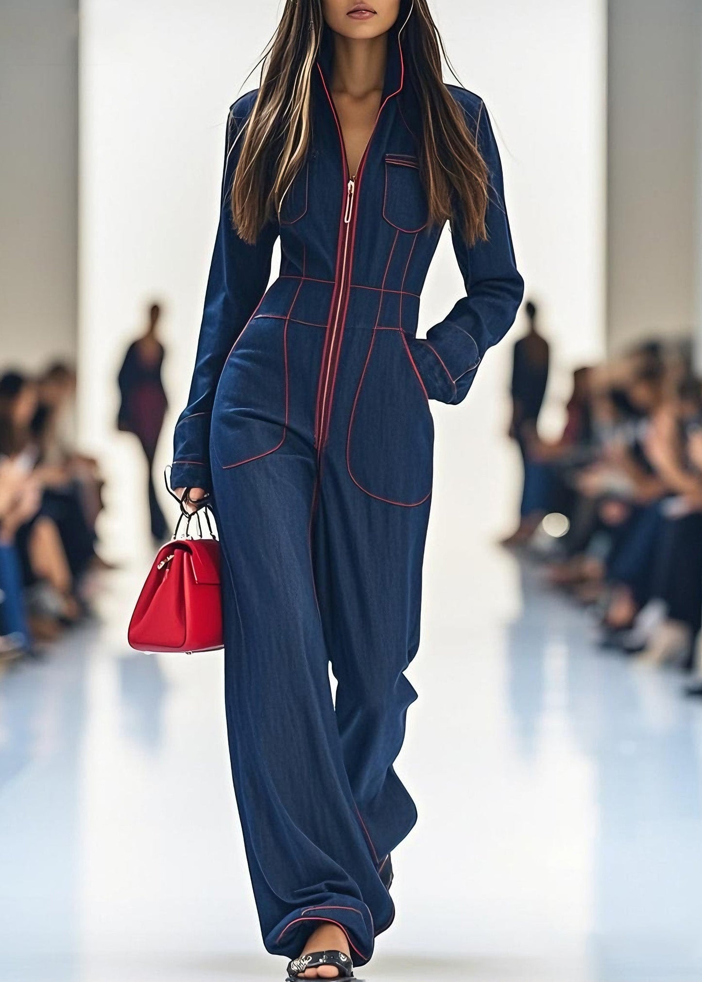 Beautiful Navy Zip Up Pockets Patchwork Denim Jumpsuit Spring