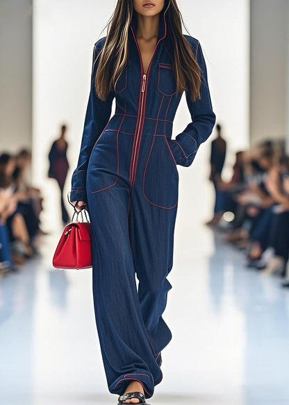 Beautiful Navy Zip Up Pockets Patchwork Denim Jumpsuit Spring