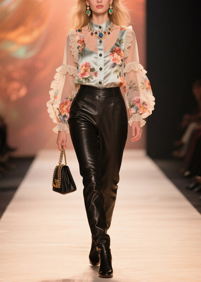 Beautiful Nude Ruffled Patchwork Print Chiffon Shirt Summer