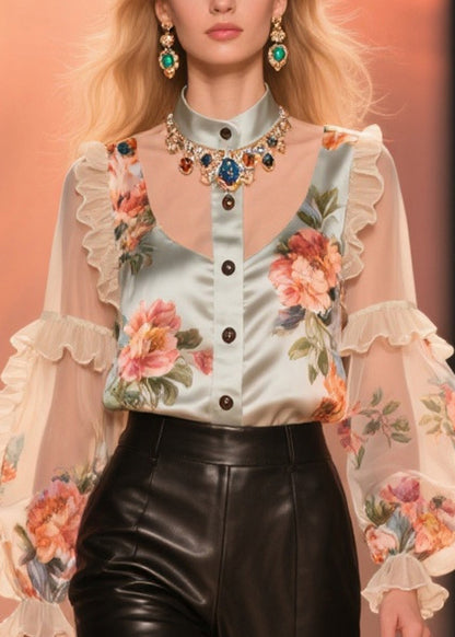 Beautiful Nude Ruffled Patchwork Print Chiffon Shirt Summer