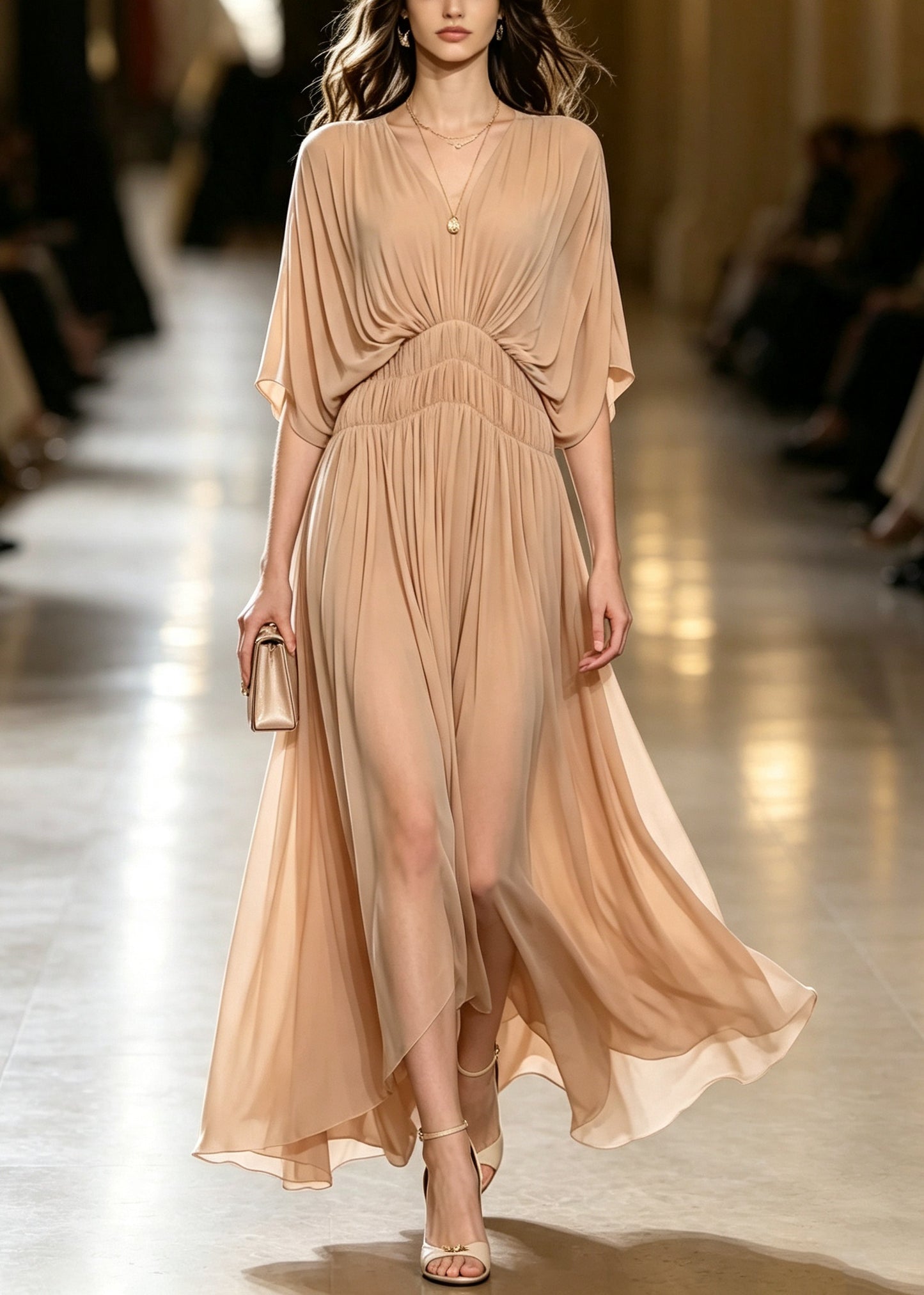 Beautiful Nude V Neck Wrinkled Chiffon Maxi Dress Batwing Sleeve