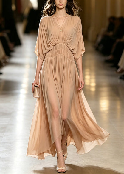 Beautiful Nude V Neck Wrinkled Chiffon Maxi Dress Batwing Sleeve