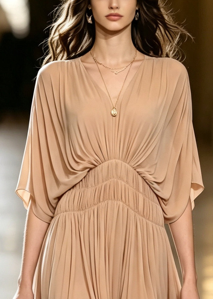 Beautiful Nude V Neck Wrinkled Chiffon Maxi Dress Batwing Sleeve