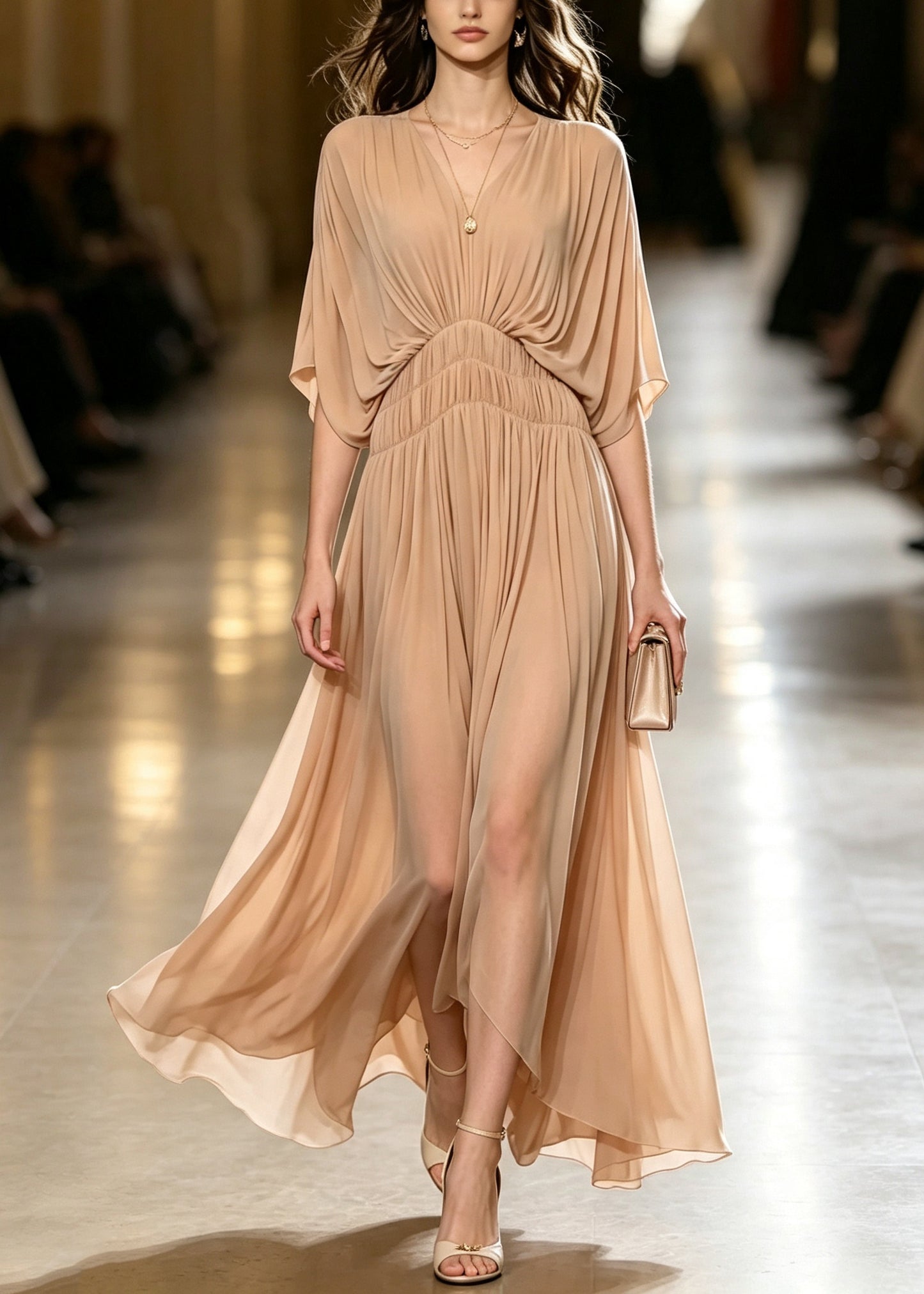Beautiful Nude V Neck Wrinkled Chiffon Maxi Dress Batwing Sleeve
