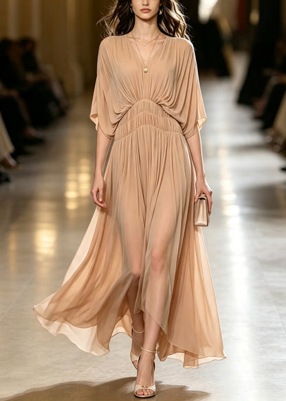 Beautiful Nude V Neck Wrinkled Chiffon Maxi Dress Batwing Sleeve