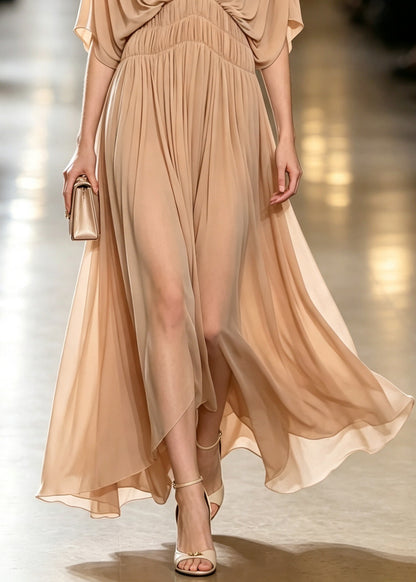 Beautiful Nude V Neck Wrinkled Chiffon Maxi Dress Batwing Sleeve