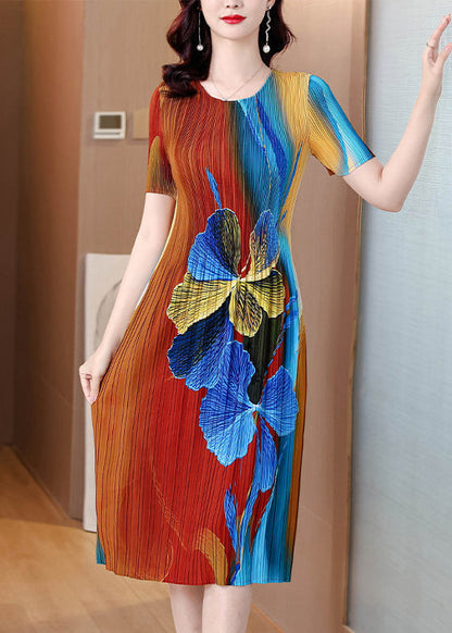 Beautiful O Neck Print Elasticity Wrinkled Dresses Summer
