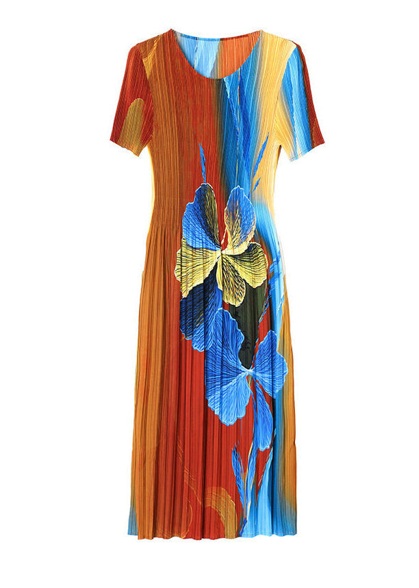 Beautiful O Neck Print Elasticity Wrinkled Dresses Summer