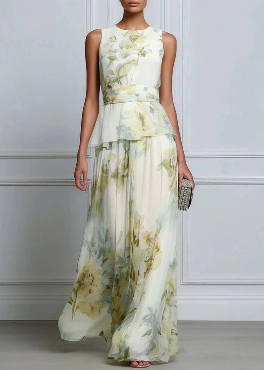 Beautiful O Neck Print Patchwork Chiffon Ankle Dress Sleeveless