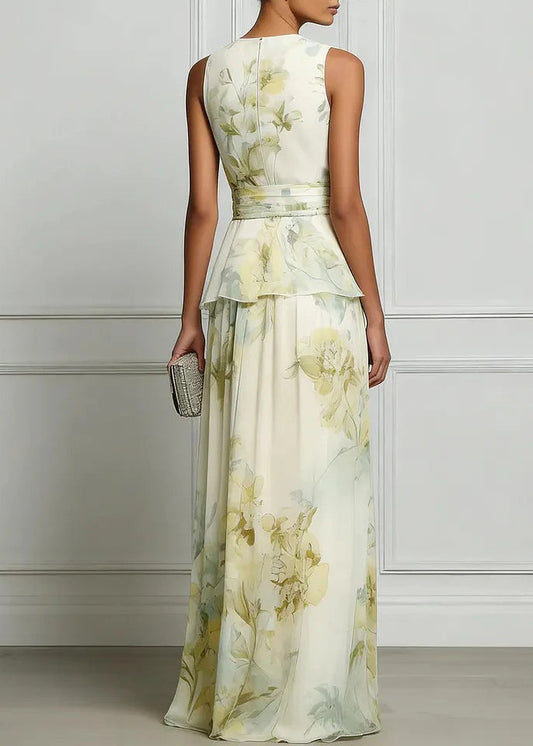 Beautiful O Neck Print Patchwork Chiffon Ankle Dress Sleeveless