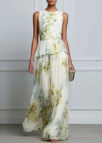 Beautiful O Neck Print Patchwork Chiffon Ankle Dress Sleeveless