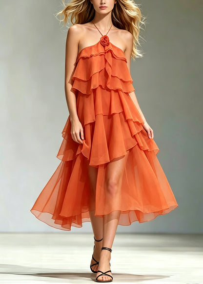 Beautiful Orange Backless Floral Chiffon Maxi Dress Summer