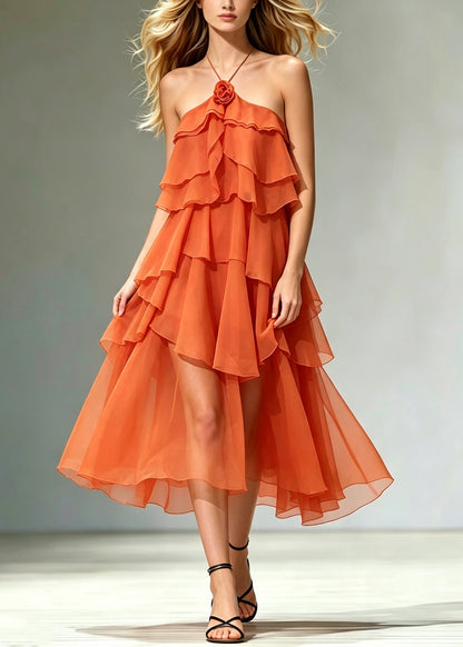 Beautiful Orange Backless Floral Chiffon Maxi Dress Summer