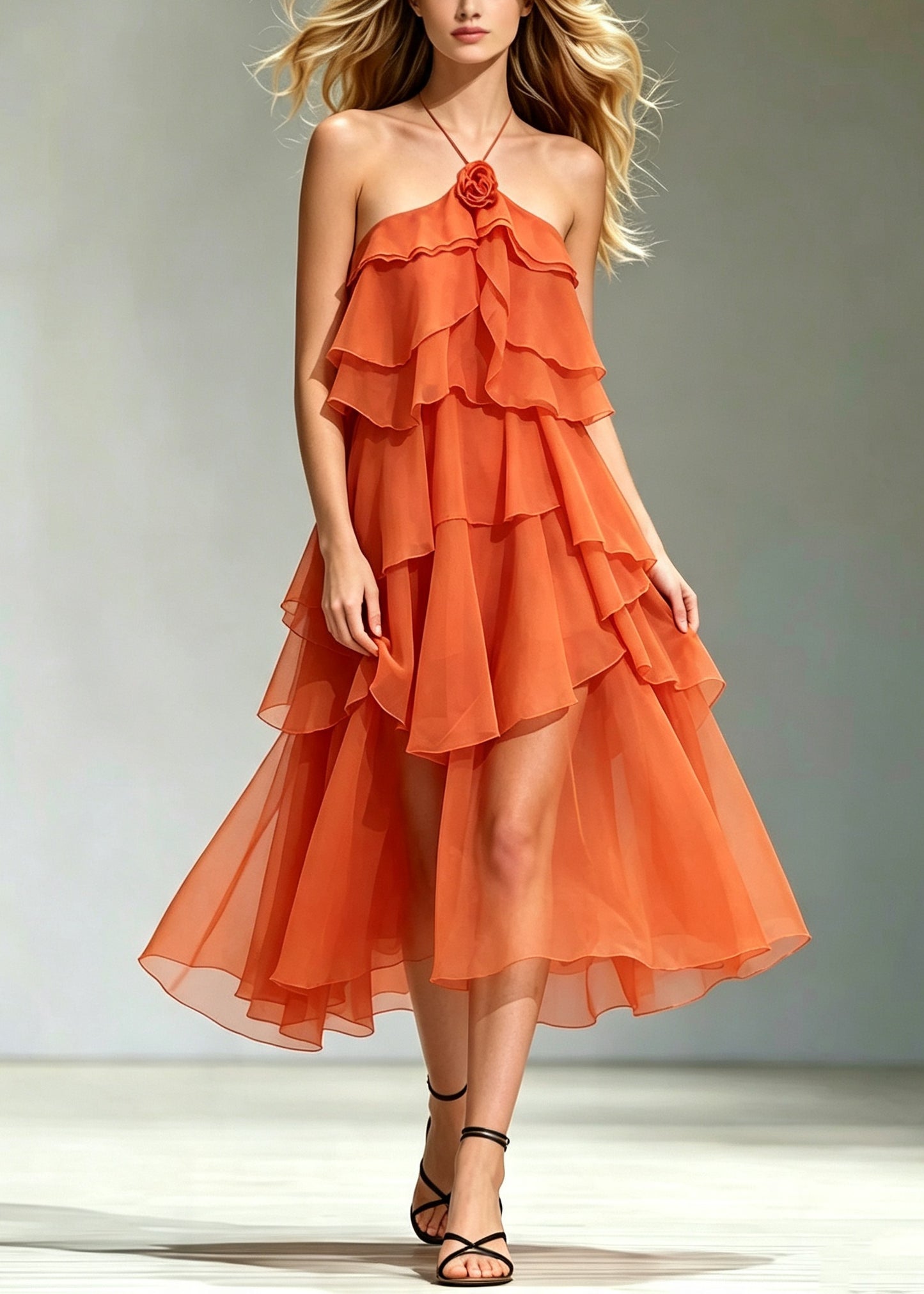 Beautiful Orange Backless Floral Chiffon Maxi Dress Summer